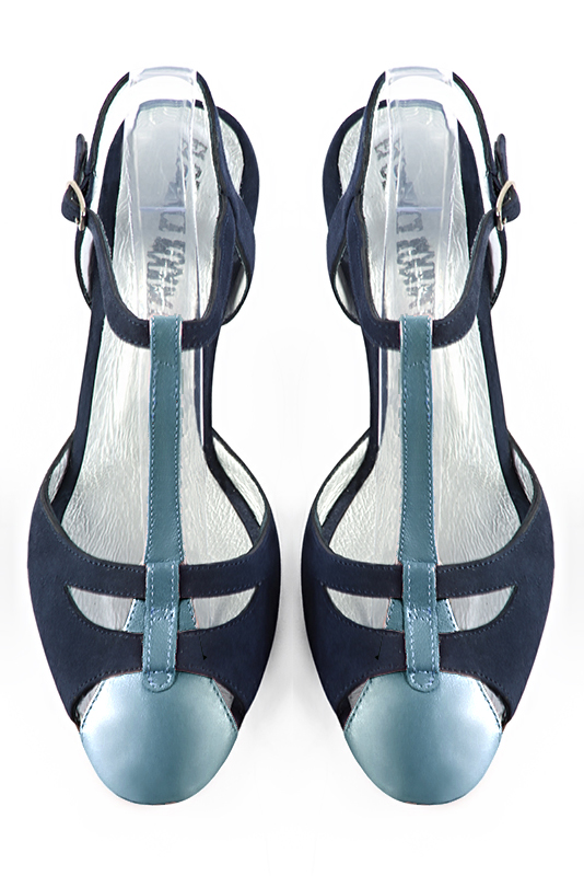 Peacock blue women's open back T-strap shoes. Round toe. Medium slim heel. Top view - Florence KOOIJMAN